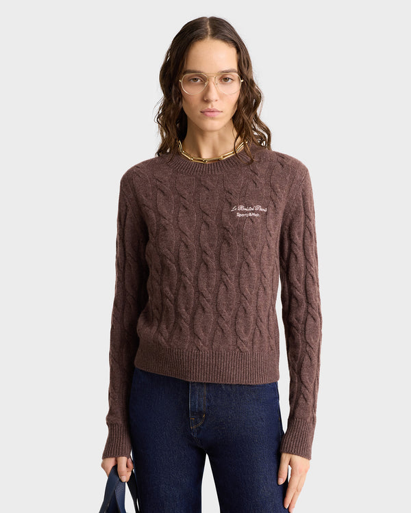Sporty & Rich Faubourg Cableknit Wool Cashmere Crewneck - Chocolate/Cream