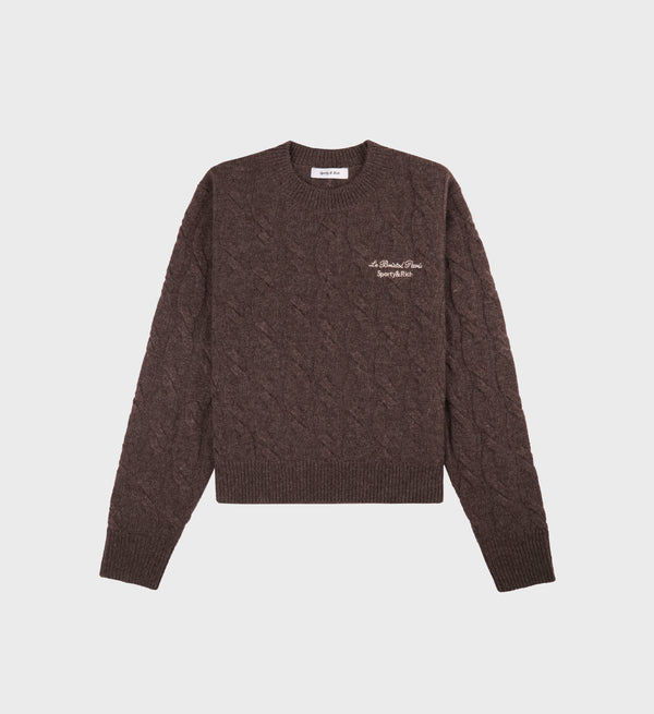sporty & rich Faubourg Cableknit Wool Cashmere Crewneck - Chocolate/Cream