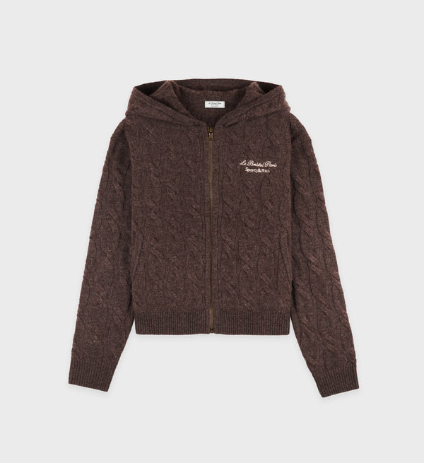 sporty & rich Faubourg Cableknit Wool Cashmere Zip Hoodie - Chocolate/Cream