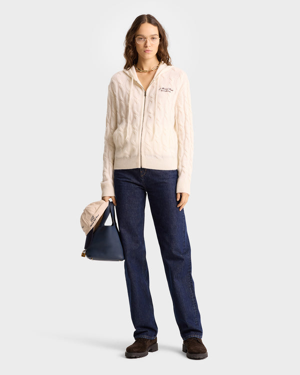 Sporty & Rich Faubourg Cableknit Wool Cashmere Zip Hoodie - Cream/Chocolate