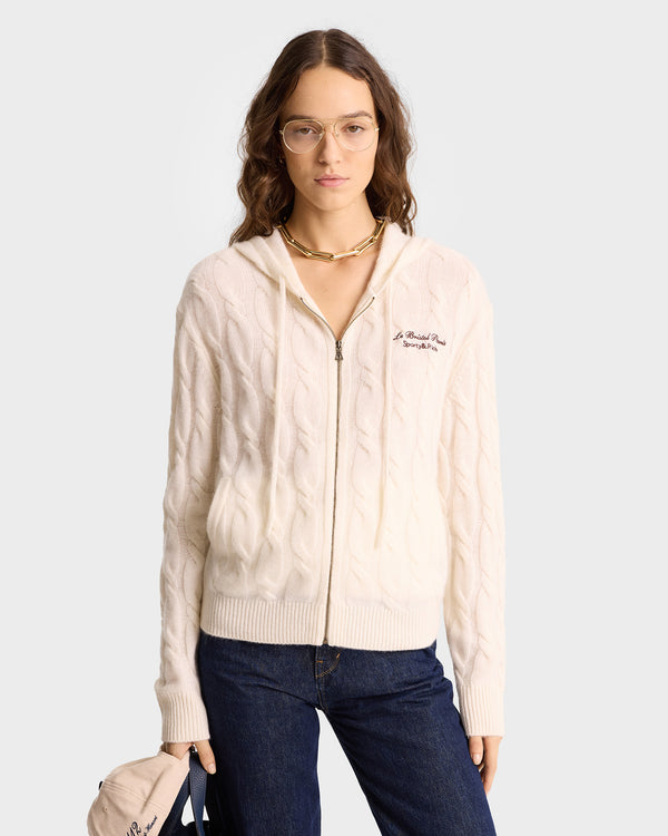 Sporty & Rich Faubourg Cableknit Wool Cashmere Zip Hoodie - Cream/Chocolate