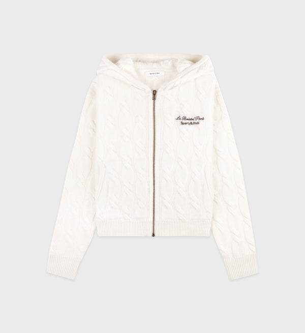 sporty & rich Faubourg Cableknit Wool Cashmere Zip Hoodie - Cream/Chocolate