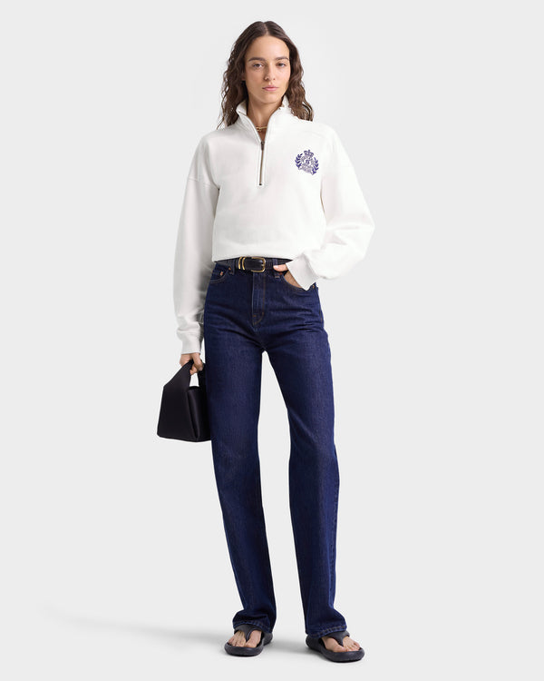 Sporty & Rich H&W Crest Embroidered Quarter Zip - White/Navy