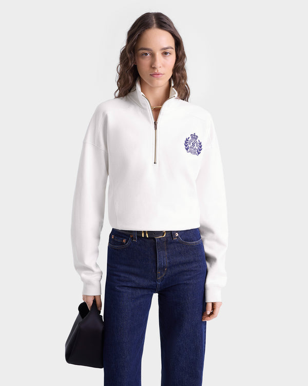 Sporty & Rich H&W Crest Embroidered Quarter Zip - White/Navy