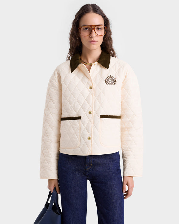 Sporty & Rich H&W Crest Nylon Cropped Quilted Jacket - Cream
