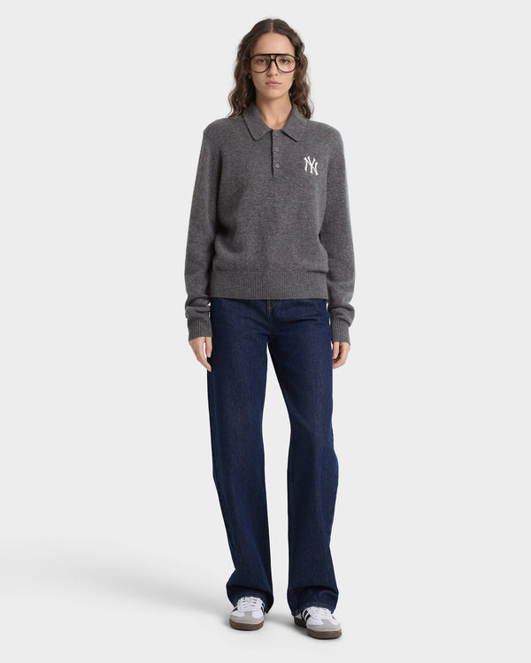 Sporty & Rich Heritage Yankees Serif Cashmere Polo - Dark Grey/White