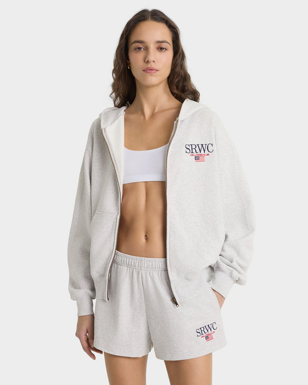 Sporty & Rich Nautical Embroidered Zip Hoodie - Heather Gray/Navy