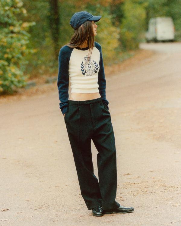 Sporty & Rich NY Crest Cashmere Baseball Sweater - Ecru/Navy