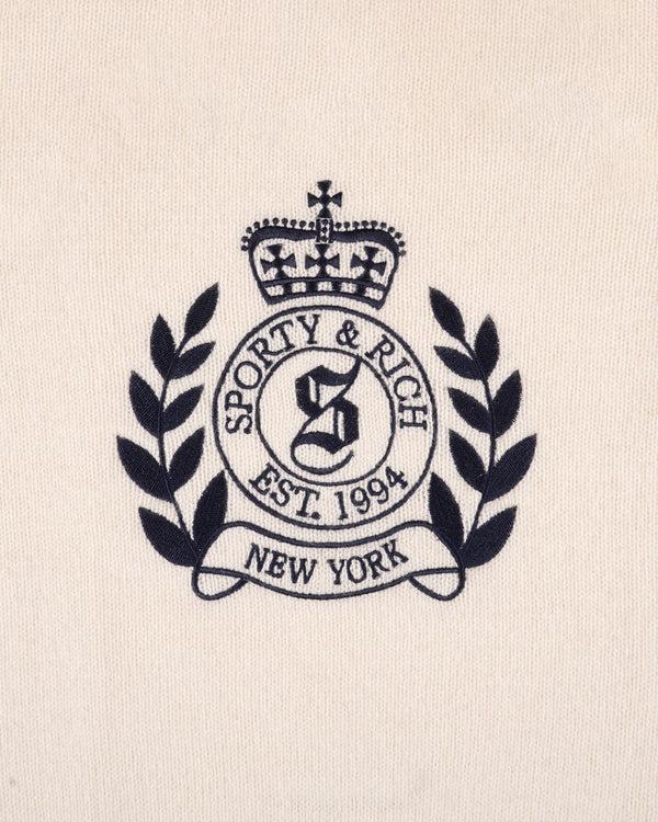 Sporty & Rich NY Crest Cashmere Baseball Sweater - Ecru/Navy