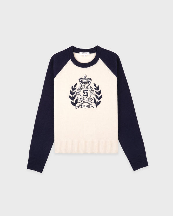 sporty & rich NY Crest Cashmere Baseball Sweater - Ecru/Navy