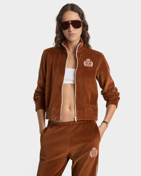 Sporty & Rich NY Crest Elio Velour Track Jacket - Tobacco