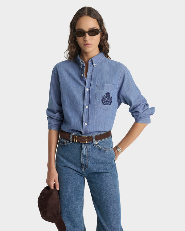 Sporty & Rich NY Crest Oversized Denim Shirt - Light Blue