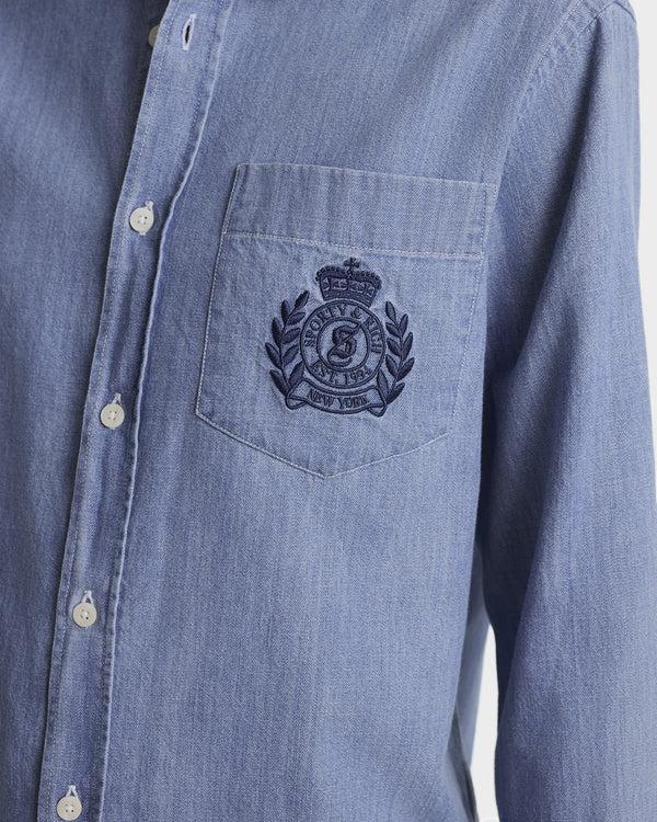 Sporty & Rich NY Crest Oversized Denim Shirt - Light Blue
