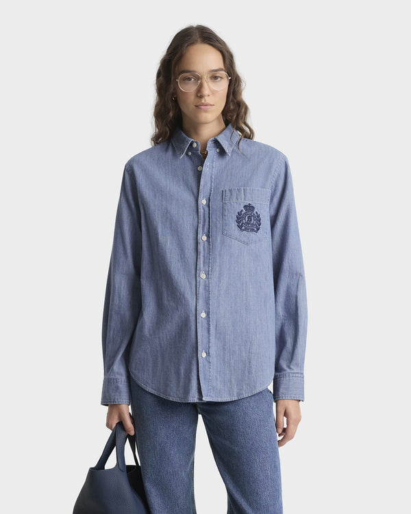 Sporty & Rich NY Crest Oversized Denim Shirt - Light Blue