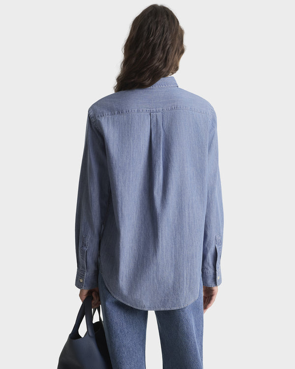Sporty & Rich NY Crest Oversized Denim Shirt - Light Blue
