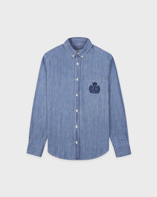 sporty & rich NY Crest Oversized Denim Shirt - Light Blue