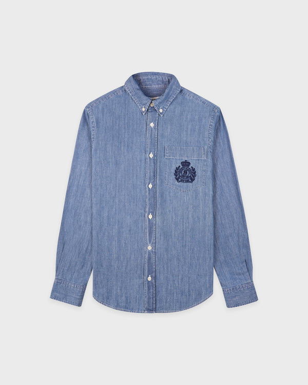 sporty & rich NY Crest Oversized Denim Shirt - Light Blue