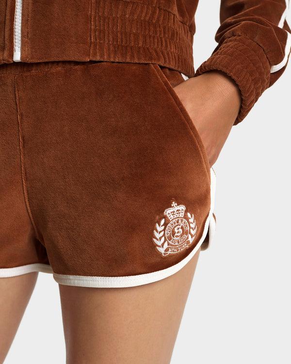 Sporty & Rich NY Crest Velour Track Short - Tobacco/White
