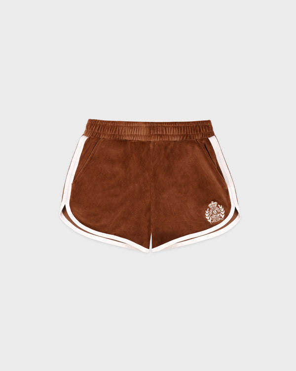 sporty & rich NY Crest Velour Track Short - Tobacco/White
