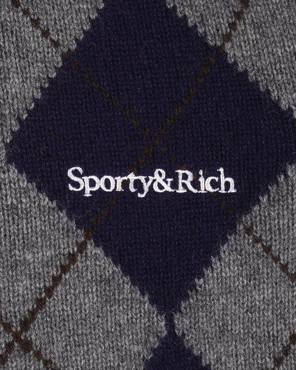 Sporty & Rich Serif Logo Argyle Cashmere Polo - Gray/Navy/Ecru