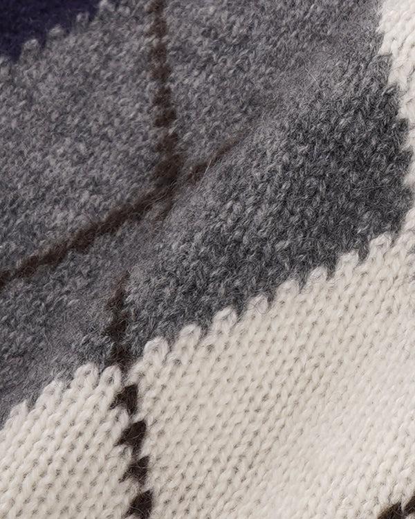 Sporty & Rich Serif Logo Argyle Cashmere Polo - Gray/Navy/Ecru