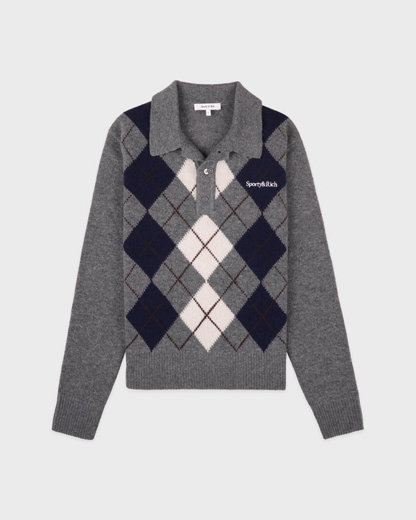 sporty & rich Serif Logo Argyle Cashmere Polo - Gray/Navy/Ecru