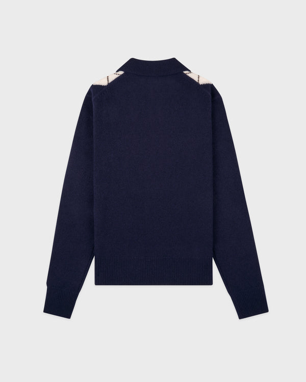 Sporty & Rich Serif Logo Argyle Cashmere Polo - Navy/Forest/Ecru