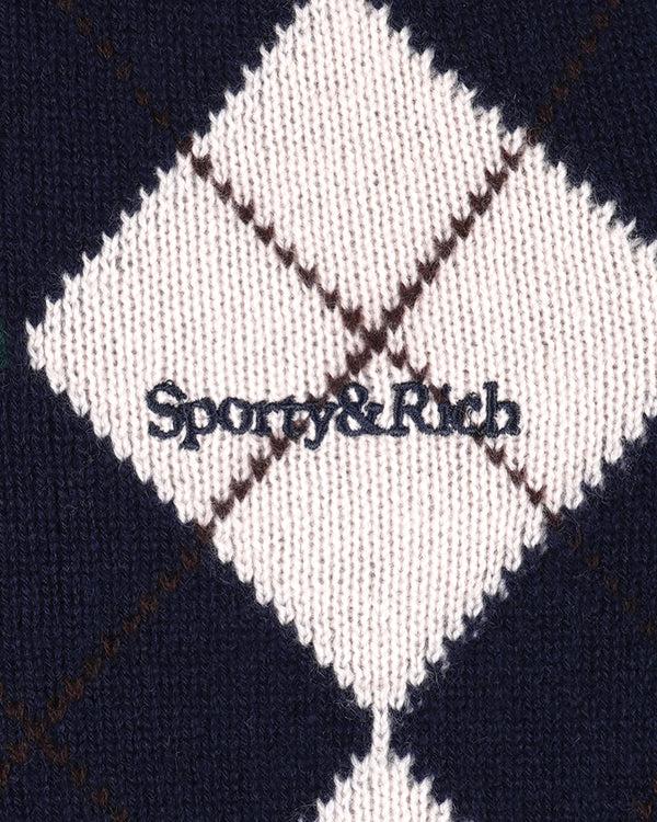 Sporty & Rich Serif Logo Argyle Cashmere Polo - Navy/Forest/Ecru