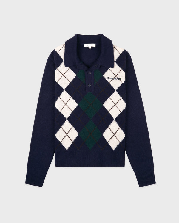 sporty & rich Serif Logo Argyle Cashmere Polo - Navy/Forest/Ecru