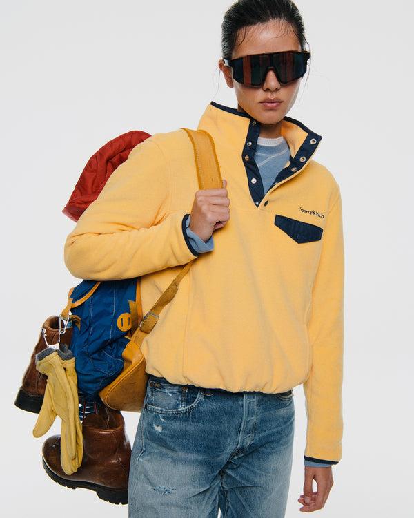 Sporty & Rich Serif Logo Buttoned Polar Sweatshirt - Custard/Light Navy