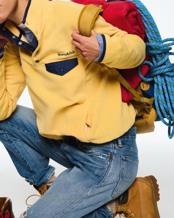 Sporty & Rich Serif Logo Buttoned Polar Sweatshirt - Custard/Light Navy