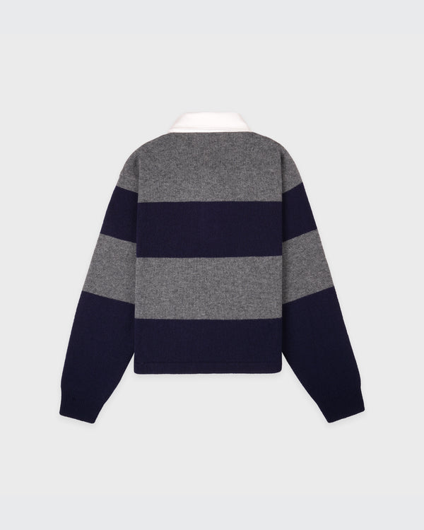 Sporty & Rich Serif Logo Cashmere Rugby Polo - Heather Gray/Navy/Ecru