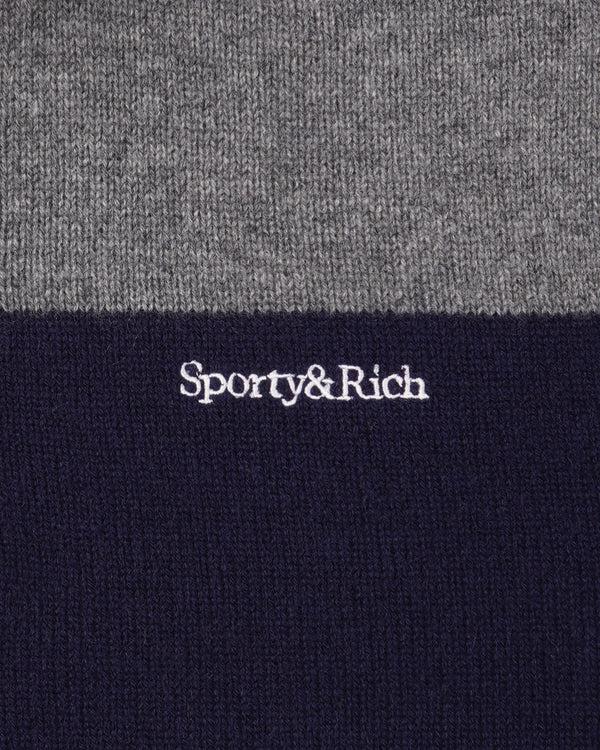 Sporty & Rich Serif Logo Cashmere Rugby Polo - Heather Gray/Navy/Ecru