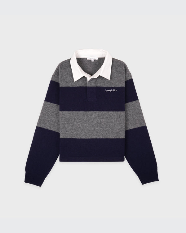 sporty & rich Serif Logo Cashmere Rugby Polo - Heather Gray/Navy/Ecru