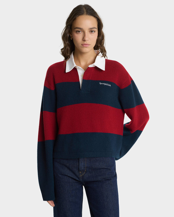 Sporty & Rich Serif Logo Cashmere Rugby Polo - Merlot/Navy/Ecru