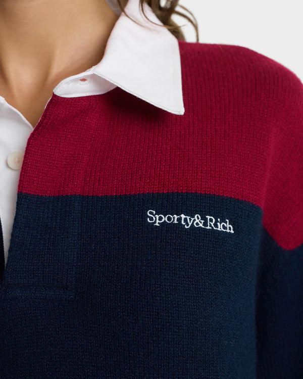 Sporty & Rich Serif Logo Cashmere Rugby Polo - Merlot/Navy/Ecru