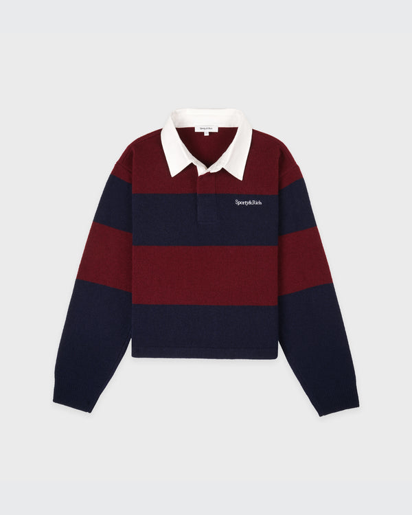 sporty & rich Serif Logo Cashmere Rugby Polo - Merlot/Navy/Ecru