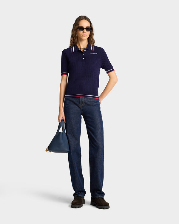 Sporty & Rich Serif Logo Mini Cable Polo - Navy/Off White/Red