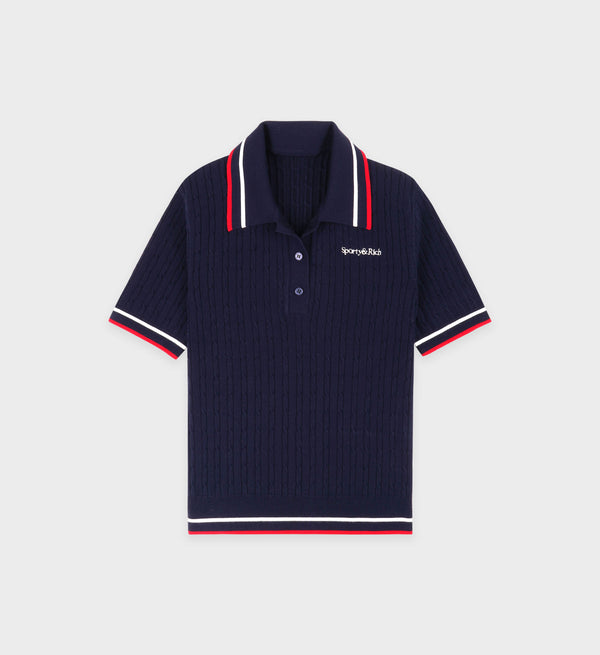 sporty & rich Serif Logo Mini Cable Polo - Navy/Off White/Red
