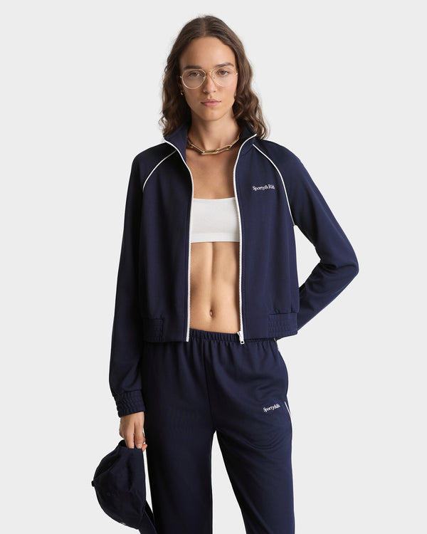 Sporty & Rich Serif Logo Retro Track Jacket - Navy/White