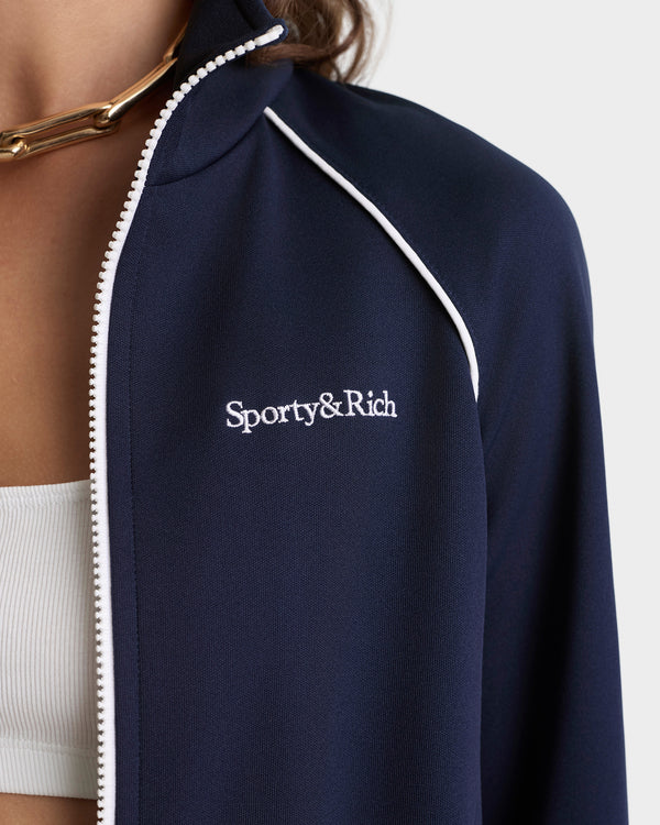 Sporty & Rich Serif Logo Retro Track Jacket - Navy/White