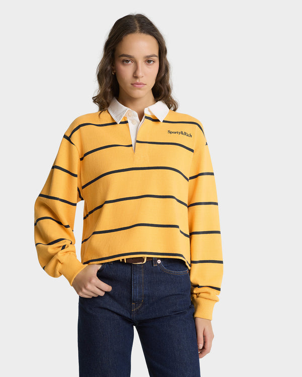 Sporty & Rich Serif Logo Rugby Polo - Faded Gold/White/Navy