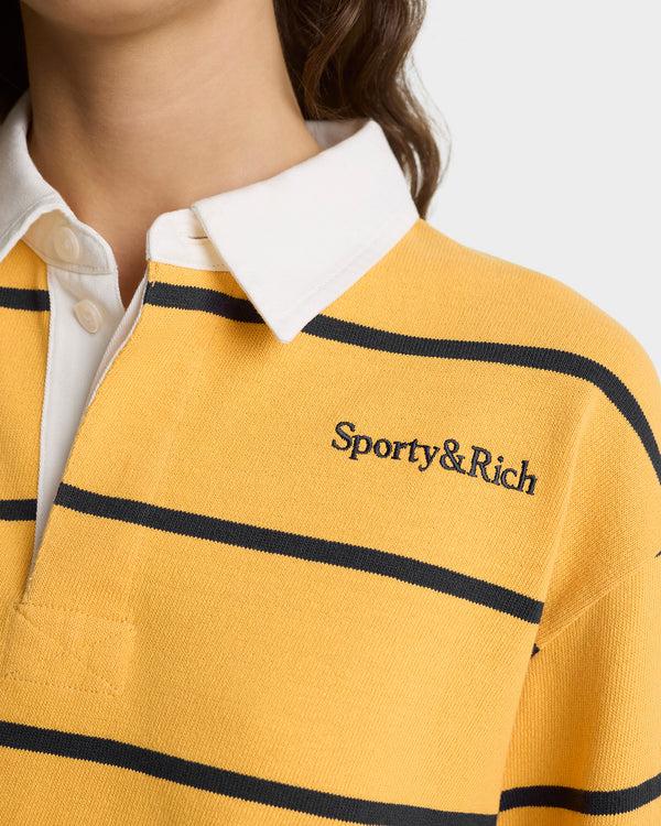 Sporty & Rich Serif Logo Rugby Polo - Faded Gold/White/Navy