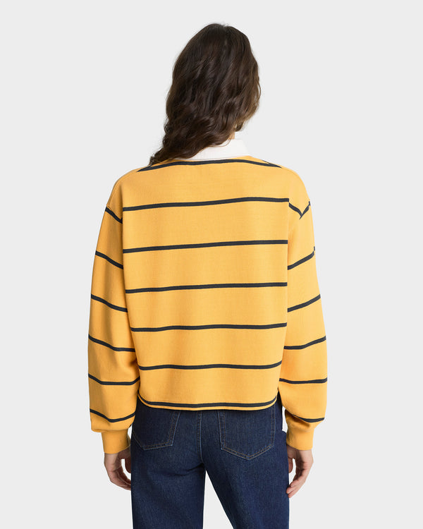 Sporty & Rich Serif Logo Rugby Polo - Faded Gold/White/Navy