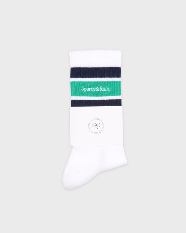 Sporty & Rich Serif Logo Socks - White/Spring Green/Light Navy