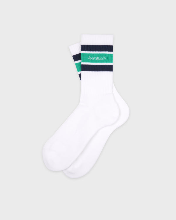 Sporty & Rich Serif Logo Socks - White/Spring Green/Light Navy