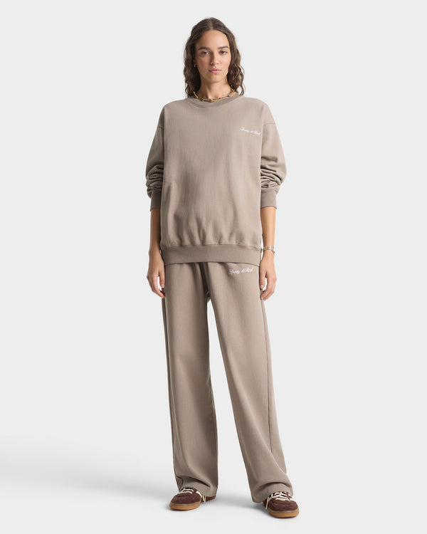 Sporty & Rich Signature Logo Embroidered Crewneck - Hazelnut/White