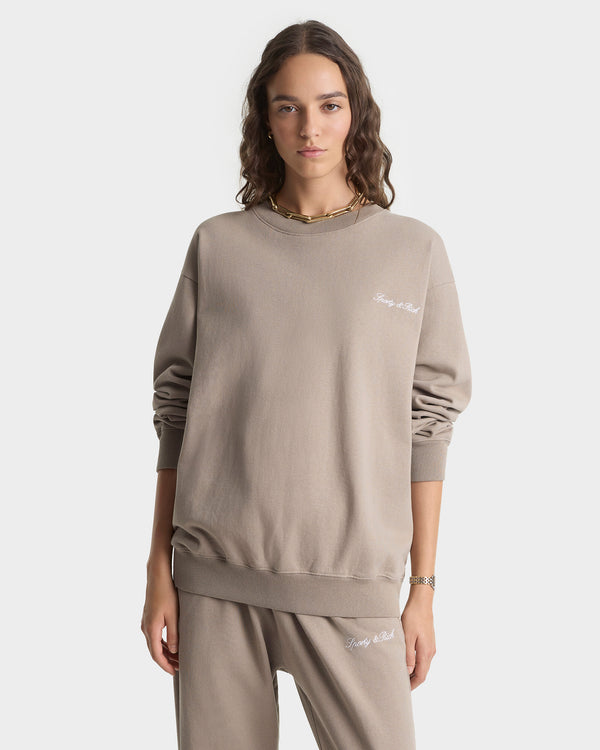 Sporty & Rich Signature Logo Embroidered Crewneck - Hazelnut/White