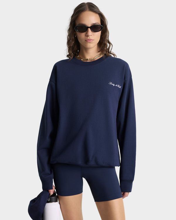 Sporty & Rich Signature Logo Embroidered Crewneck - Navy/White