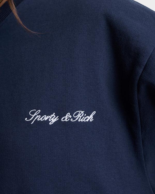 Sporty & Rich Signature Logo Embroidered Crewneck - Navy/White